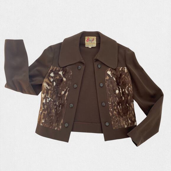 Mod  60s / 70s Double Knit Animal Print Velveteen Vintage Crop Jacket Big Collar - Picture 1 of 13